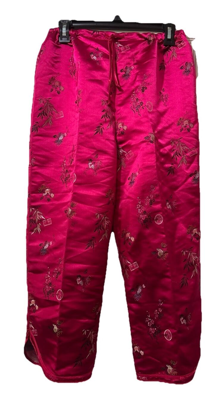 Asian Style Satin Pajama Pants Loungewear Size Medium Pink Magenta Drawstring